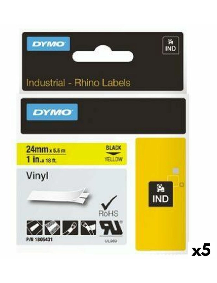 Dymo - Cinta laminada para máquinas rotuladoras Rhino Dymo ID1-24 24 x 5,5 mm Preto Amarelo Etiqueta Autoadesivas (5 Unidades)