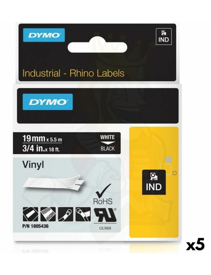 Dymo - Cinta laminada para máquinas rotuladoras Rhino Dymo ID1-19 19 x 5,5 mm Preto Poliéster Branco Autoadesivas (5 Unidades)