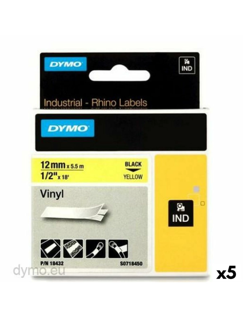 Dymo - Cinta laminada para máquinas rotuladoras Rhino Dymo ID1-12 12 x 5,5 mm Preto Amarelo Etiqueta Autoadesivas (5 Unidades)