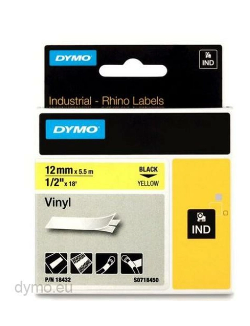 imagem de Cinta laminada para máquinas rotuladoras Rhino Dymo ID1-12 12 x 5,5 mm Preto Amarelo Etiqueta Autoadesivas (5 Unidades)2
