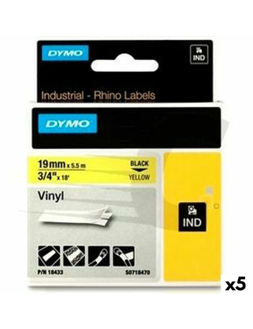 Dymo - Cinta laminada para máquinas rotuladoras Rhino Dymo ID1-19 19 x 3,5 mm Preto Amarelo Autoadesivas (5 Unidades)