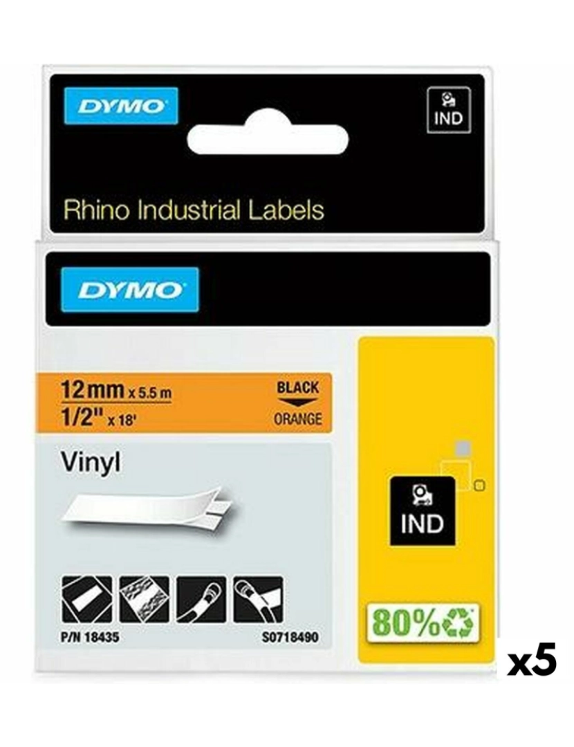imagem de Cinta laminada para máquinas rotuladoras Rhino Dymo ID1-12 12 x 5,5 mm Preto Laranja Etiqueta Autoadesivas (5 Unidades)1