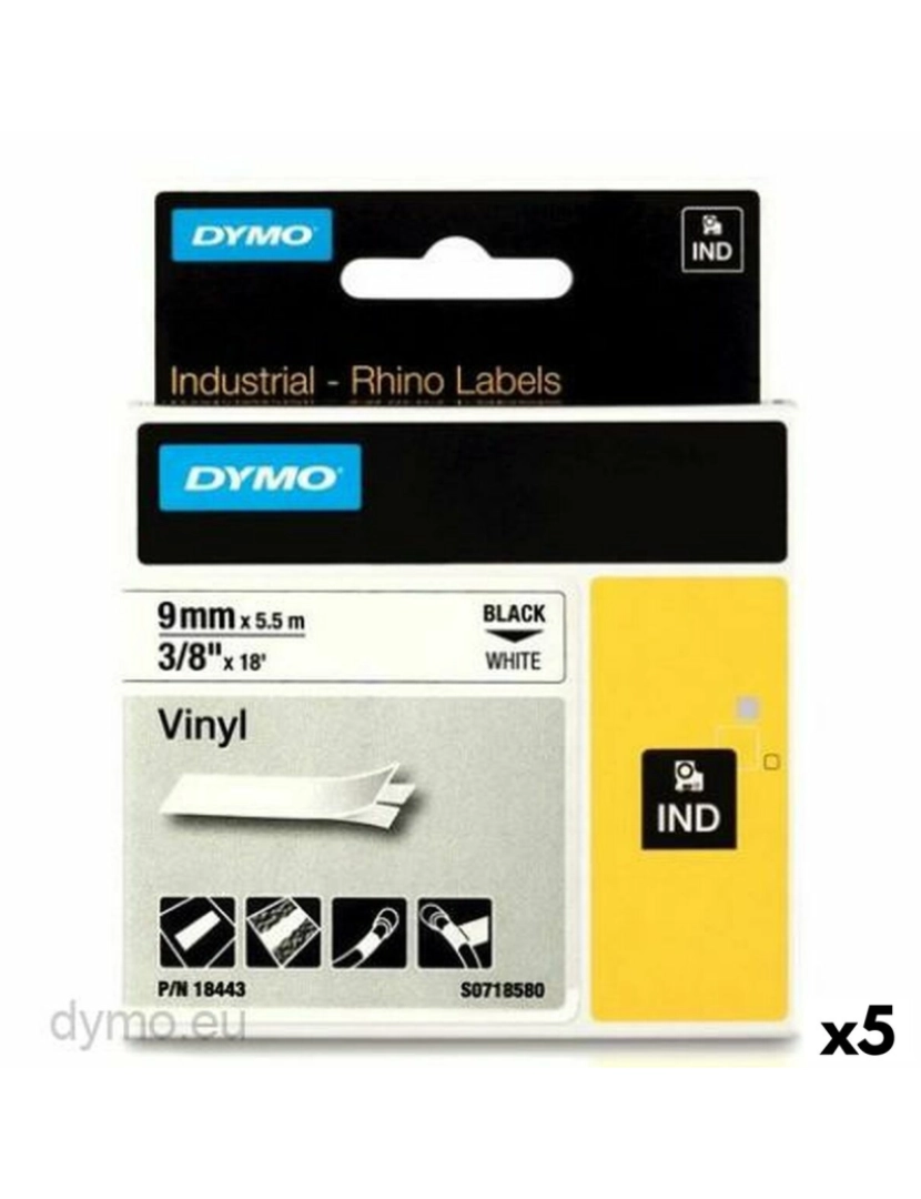 Dymo - Cinta laminada para máquinas rotuladoras Rhino Dymo ID1-9 Branco Preto 9 x 5,5 mm Etiqueta (5 Unidades)