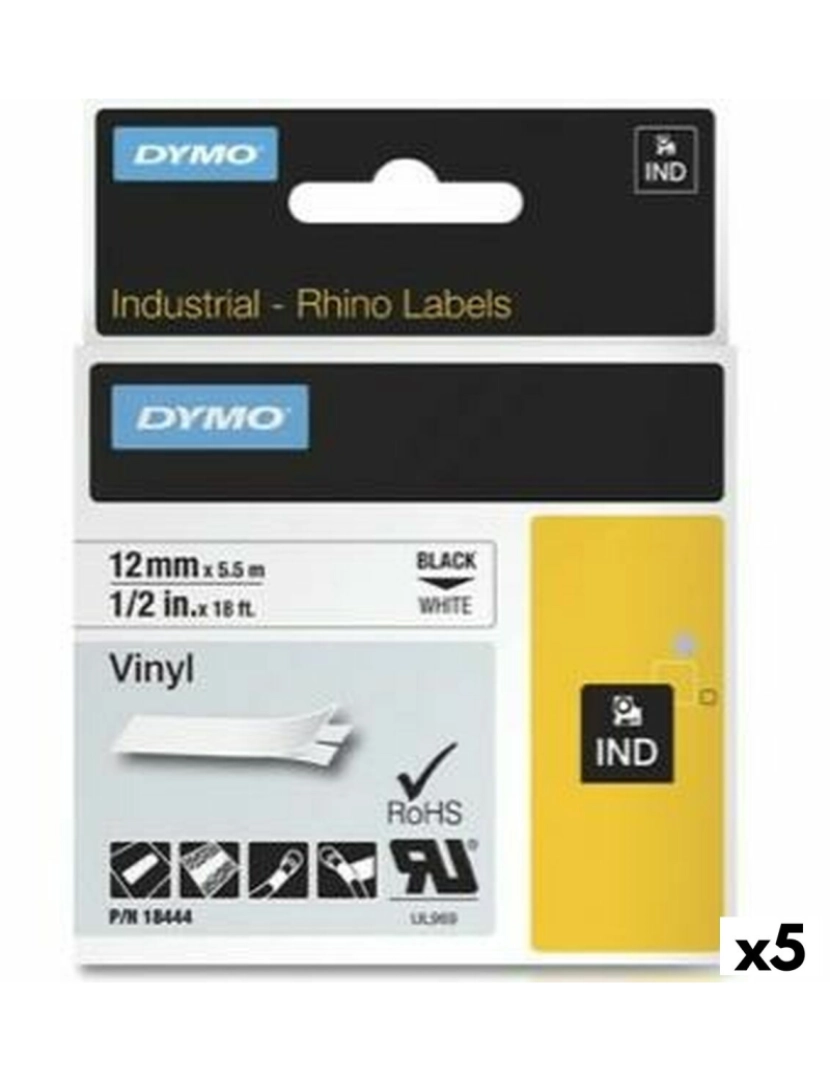 Dymo - Cinta laminada para máquinas rotuladoras Rhino Dymo ID1-12 12 x 5,5 mm Preto Branco Etiqueta Autoadesivas (5 Unidades)