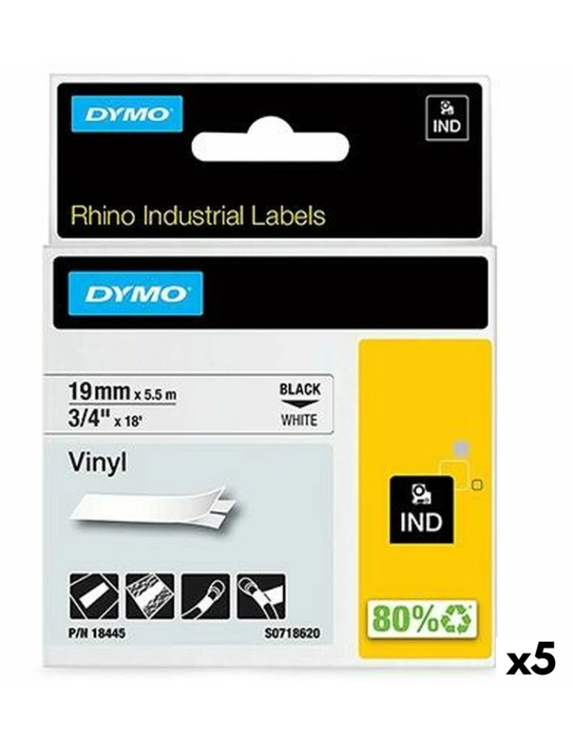 imagem de Cinta laminada para máquinas rotuladoras Rhino Dymo ID1-19 19 x 5,5 mm Preto Branco Etiqueta Autoadesivas (5 Unidades)1