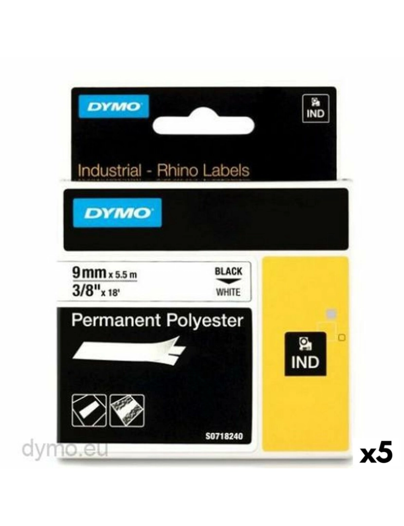 Dymo - Cinta laminada para máquinas rotuladoras Rhino Dymo ID1-9 9 x 5,5 mm Preto Poliéster Branco (5 Unidades)