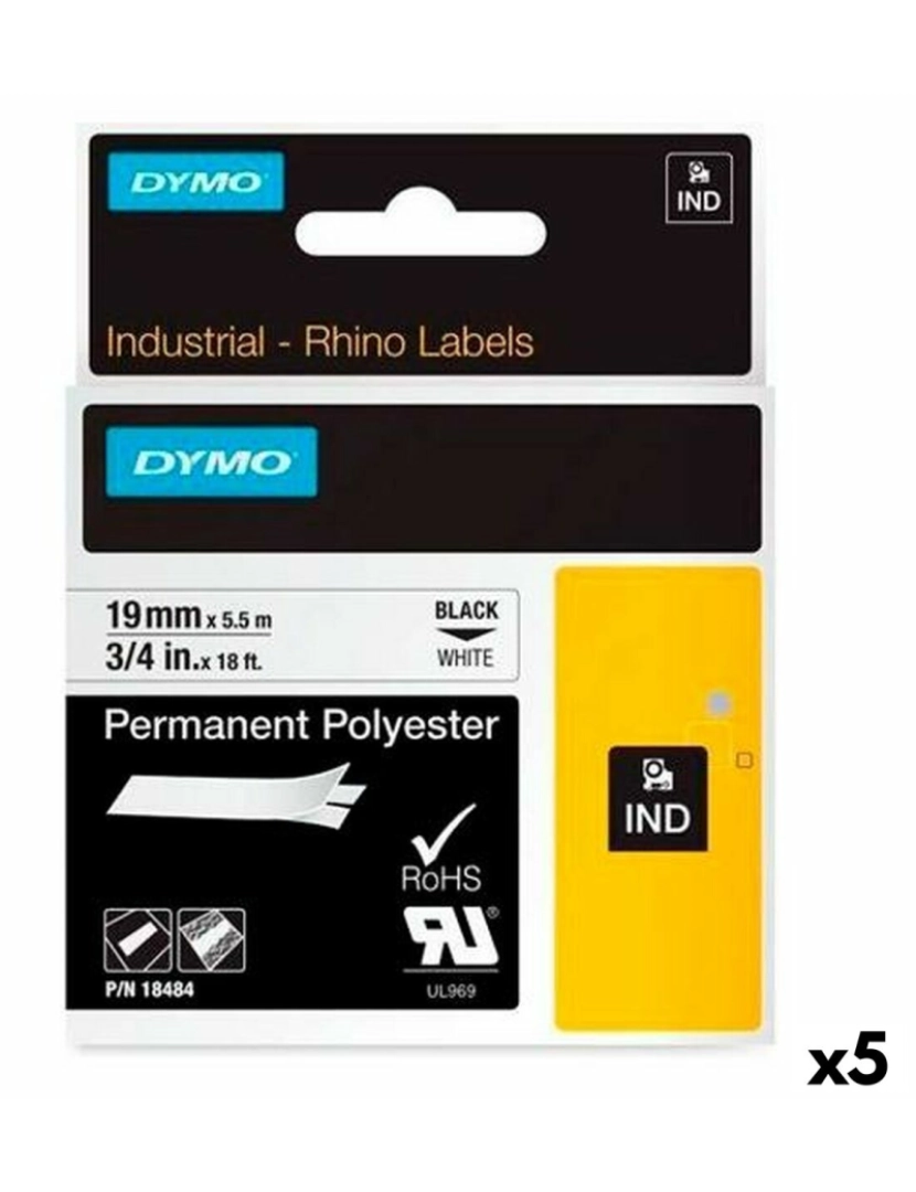 Dymo - Cinta laminada para máquinas rotuladoras Rhino Dymo ID1-19 19 x 5,5 mm Preto Poliéster Branco Autoadesivas (5 Unidades)