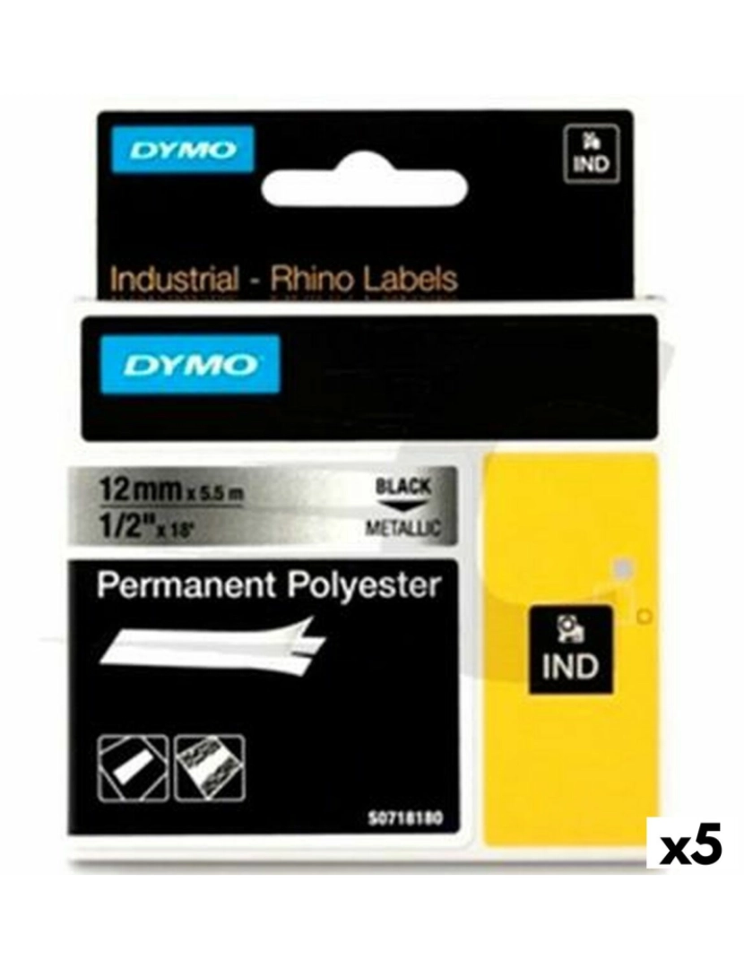 Dymo - Cinta laminada para máquinas rotuladoras Dymo Rhino Preto Prateado 12 x 5,5 mm (5 Unidades)