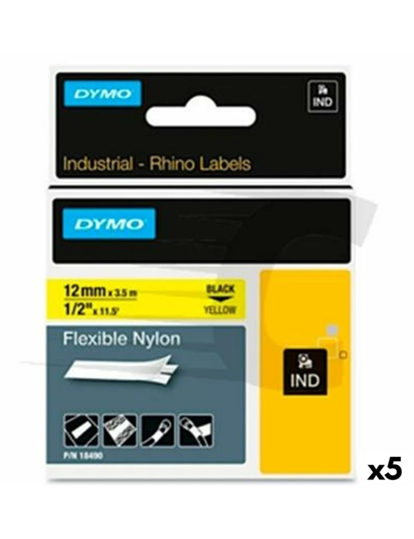Dymo - Cinta laminada para máquinas rotuladoras Rhino Dymo ID1-12 Amarelo Preto 12 x 3,5 mm Autoadesivas (5 Unidades)