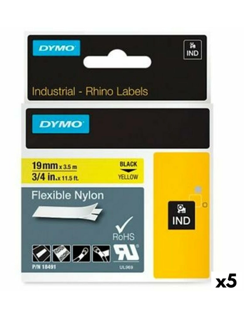 Dymo - Cinta laminada para máquinas rotuladoras Rhino Dymo ID1-19 19 x 3,5 mm Preto Amarelo Autoadesivas (5 Unidades)