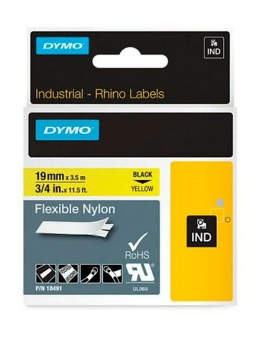 imagem de Cinta laminada para máquinas rotuladoras Rhino Dymo ID1-19 19 x 3,5 mm Preto Amarelo Autoadesivas (5 Unidades)2