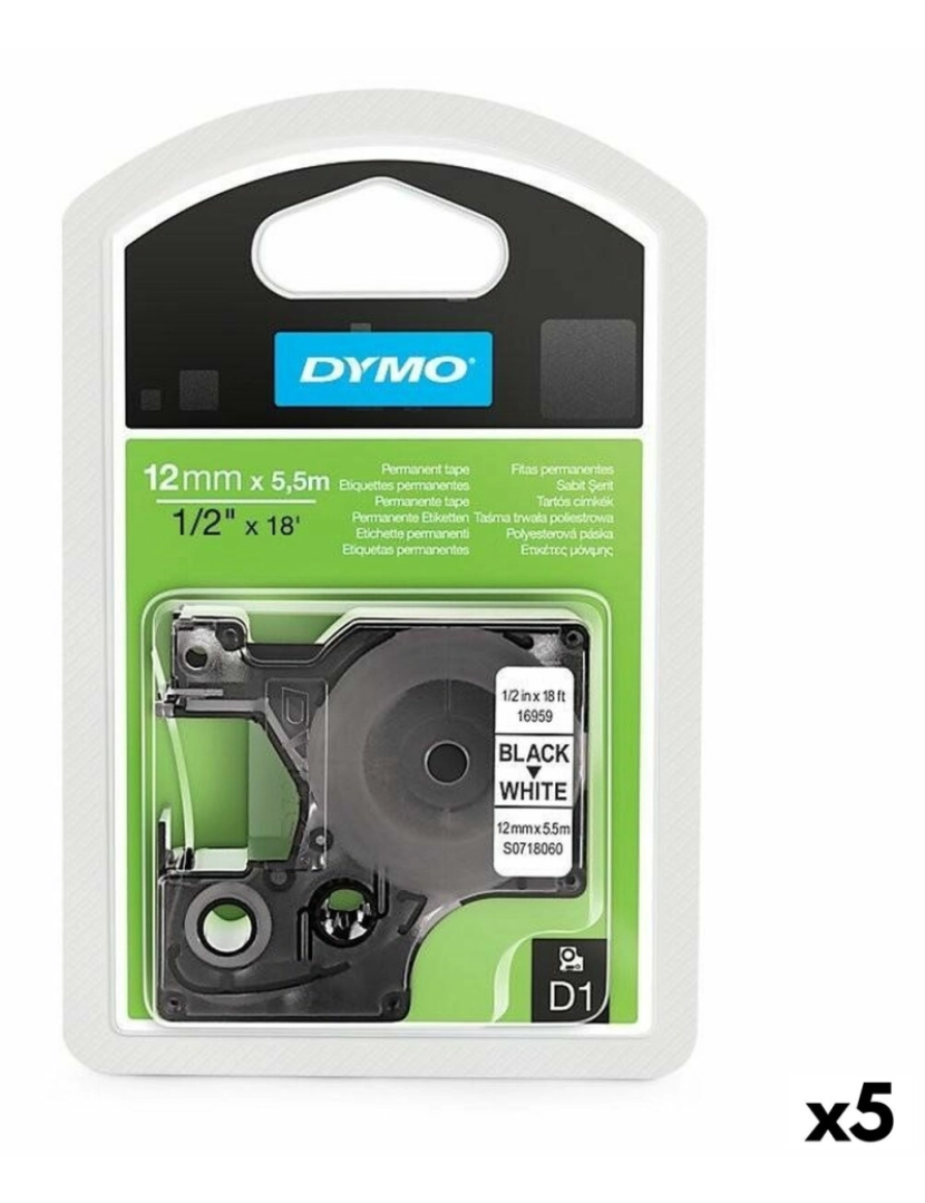 Dymo - Cinta laminada para máquinas rotuladoras Dymo D1 16959 12 mm x 5,5 m Preto Poliéster Branco (5 Unidades)