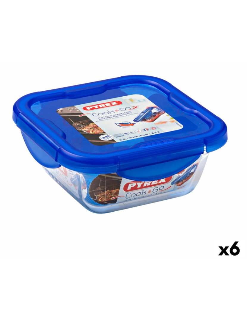 Pyrex - Lancheira Hermética Pyrex Cook & Go 16,7 x 16,7 x 7 cm Azul 850 ml Vidro (6 Unidades)