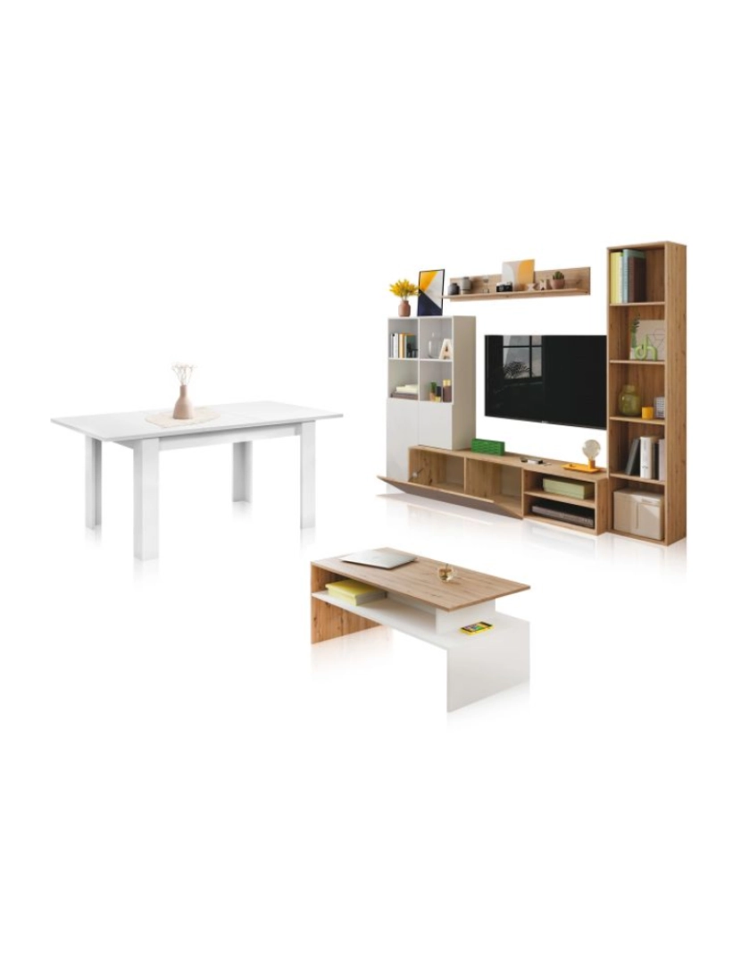 imagem de Pack con mesa de centro y mesa de comedor Iris Max Blanco Artik (Blanco Mate) - Roble Nodi 164 (mueble tv) / 75 (módulo auxiliar) / 38,5 (módulo estan2