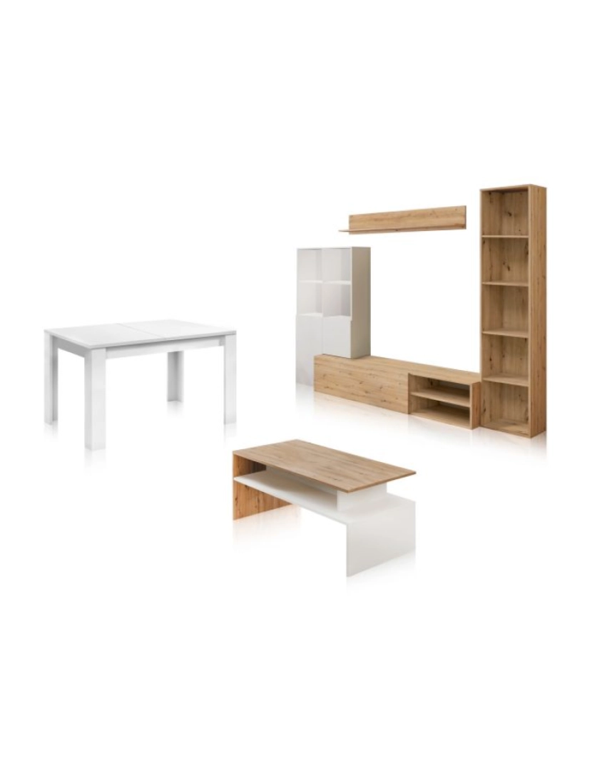 imagem de Pack con mesa de centro y mesa de comedor Iris Max Blanco Artik (Blanco Mate) - Roble Nodi 164 (mueble tv) / 75 (módulo auxiliar) / 38,5 (módulo estan5