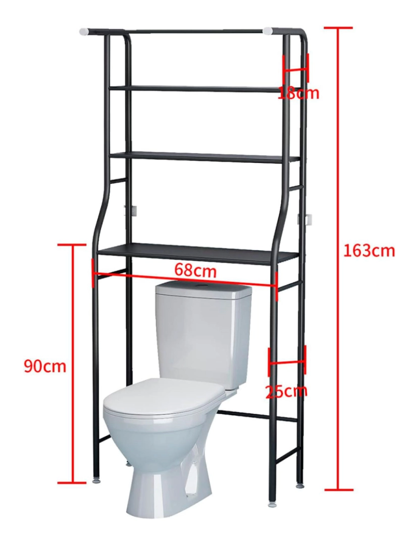 imagem de Prateleira de banheiro WC 3 prateleiras 1 cabide superior 166x65x25cm Preto4