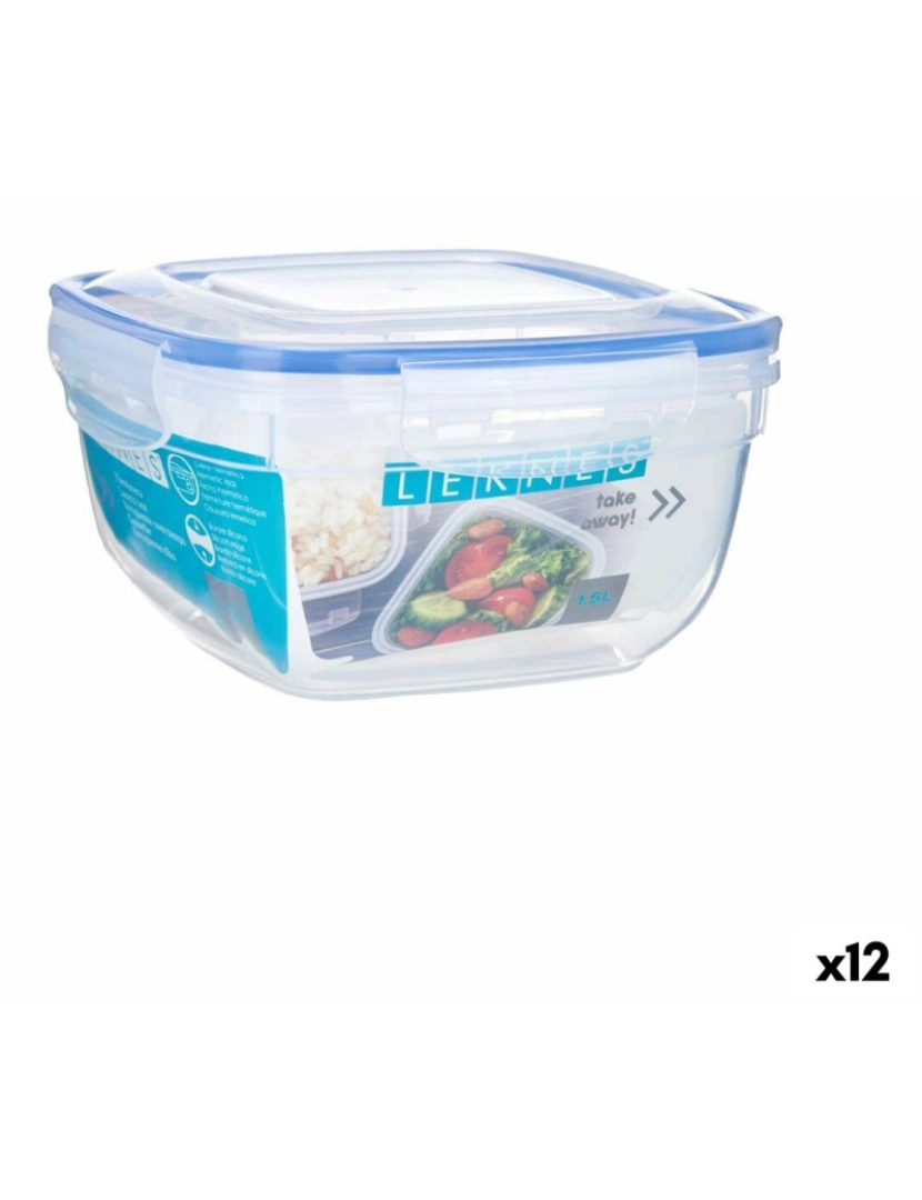 Leknes - Lancheira Hermética Quadrado Transparente Polipropileno 1,5 L 17 x 10 x 17 cm (12 Unidades)