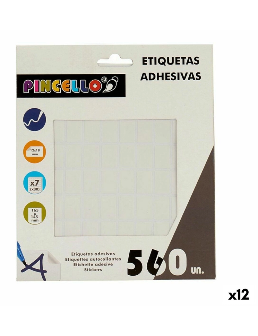 Pincello - Etiquetas adesivas Branco 12 x 18 mm Retangular (12 Unidades)