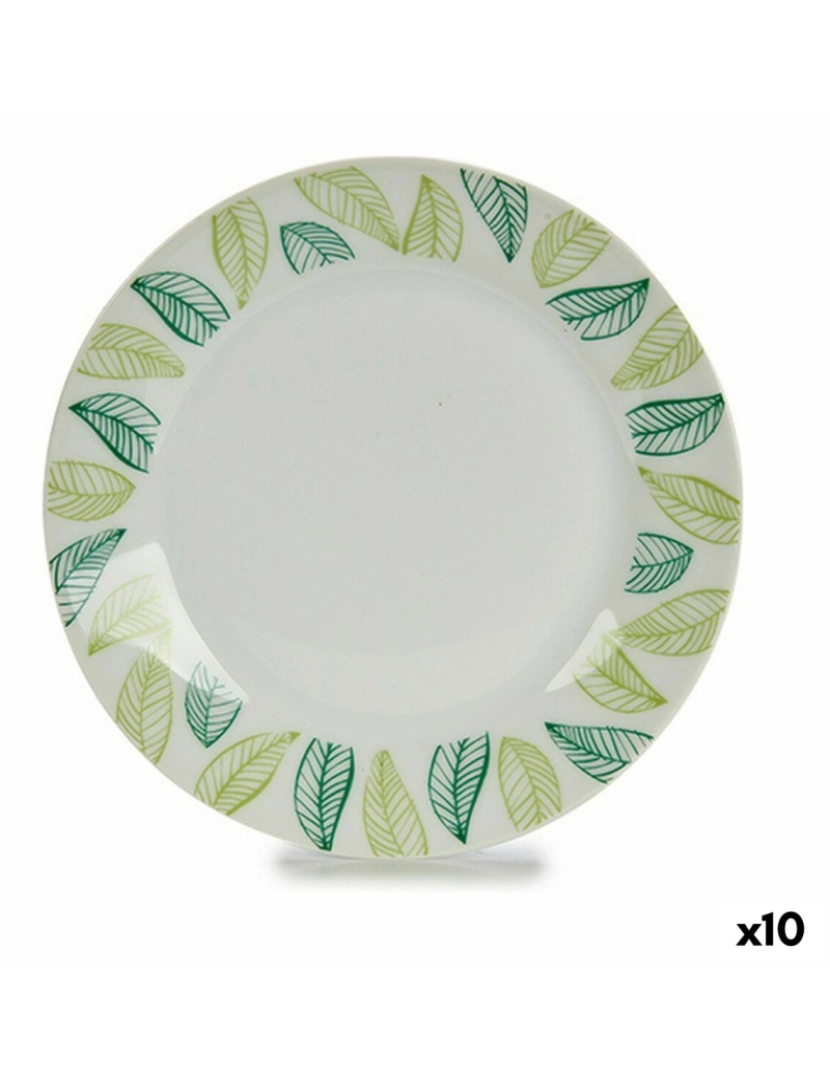 Bigbuy Home - Prato de Sobremesa Folhas Branco Verde Ø 19 cm Porcelana (10 Unidades)