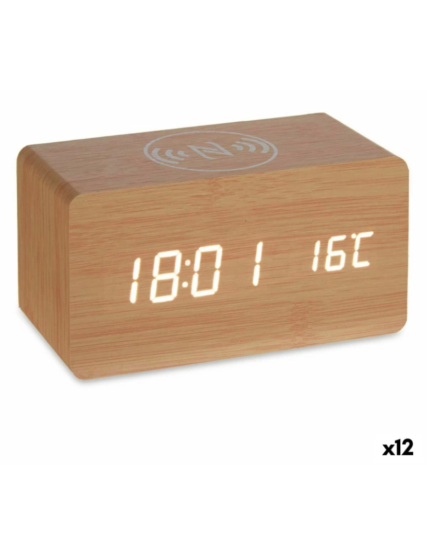 Gift Decor - Relógio Despertador com Carregador sem Fios Castanho PVC Madeira MDF 15 x 7,5 x 7 cm (12 Unidades)