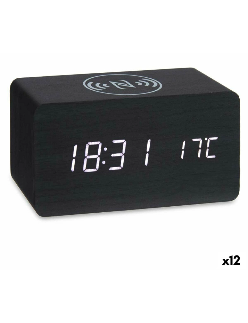 Gift Decor - Relógio Despertador com Carregador sem Fios Preto PVC Madeira MDF 15 x 7,5 x 7 cm (12 Unidades)
