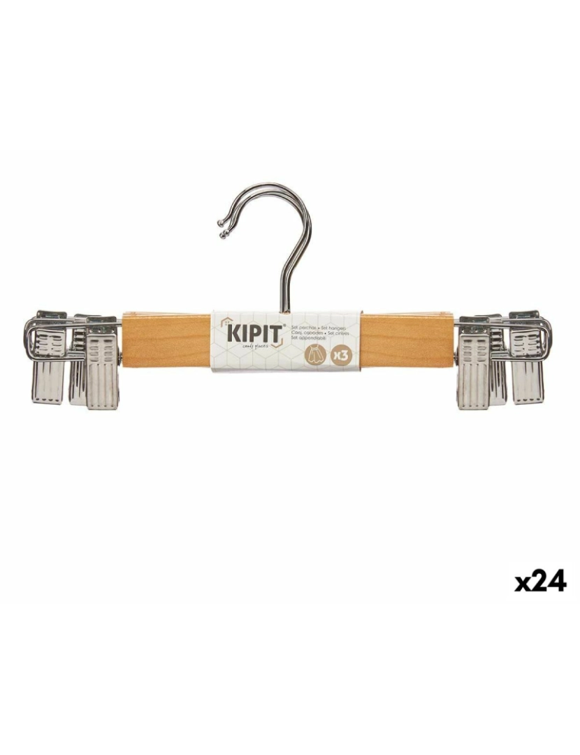 Kipit - Conjunto de Cabides Braçadeiras Castanho Prateado Madeira Metal 28,5 x 2,5 x 11,5 cm (24 Unidades)