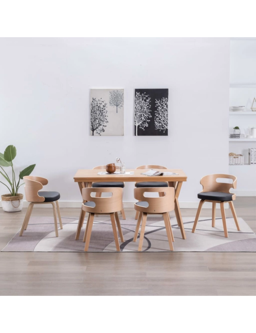 imagem de vidaXL Cadeiras jantar 6 pcs madeira curvada e couro artificial preto2