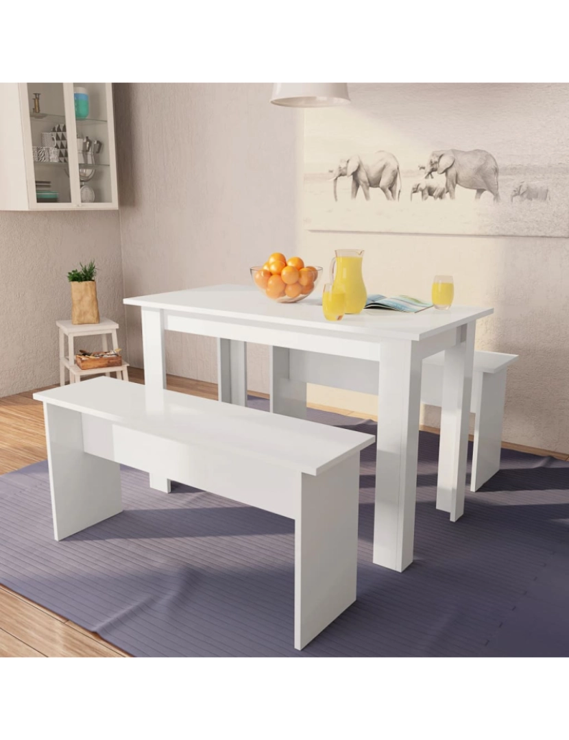 imagem de vidaXL Mesa e bancos de jantar 3 pcs aglomerado branco3