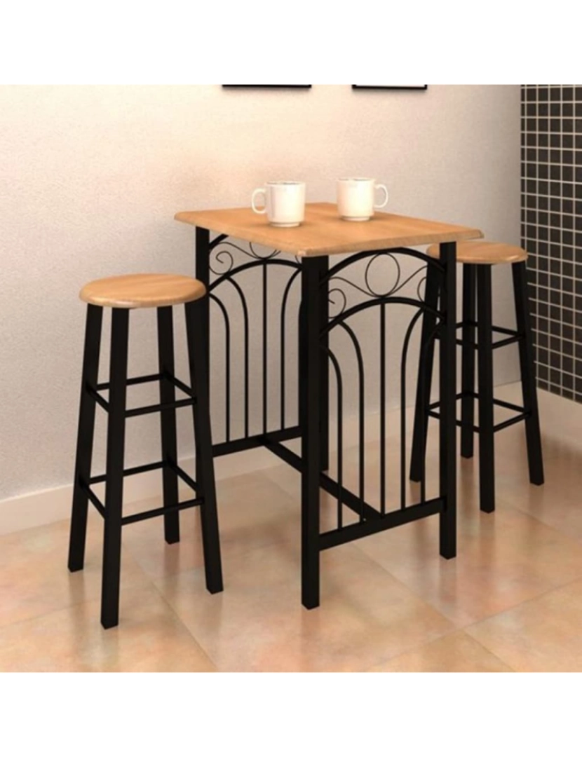 imagem de vidaXL Conjunto mesa e bancos de bar 3 pcs madeira e aço2