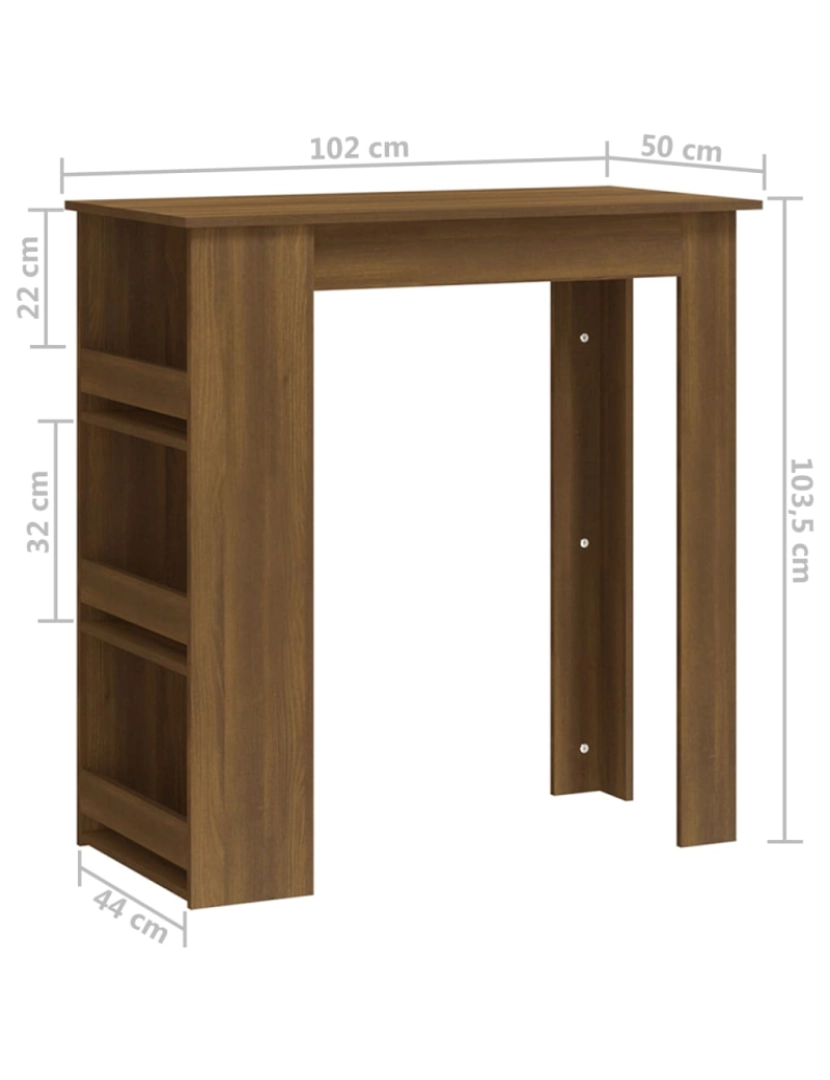 imagem de vidaXL Mesa de bar prateleiras 102x50x103,5cm aglomer. carv. castanho8