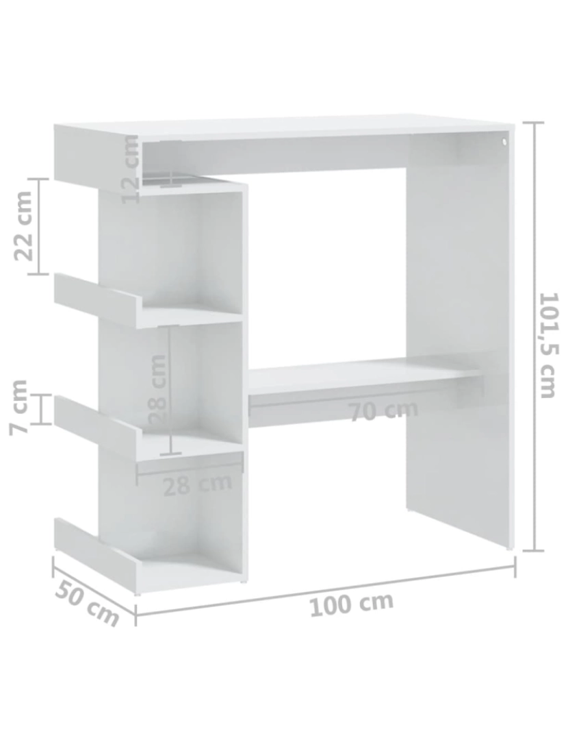 imagem de vidaXL Mesa de bar c/ prateleiras 100x50x101,5 cm branco brilhante8