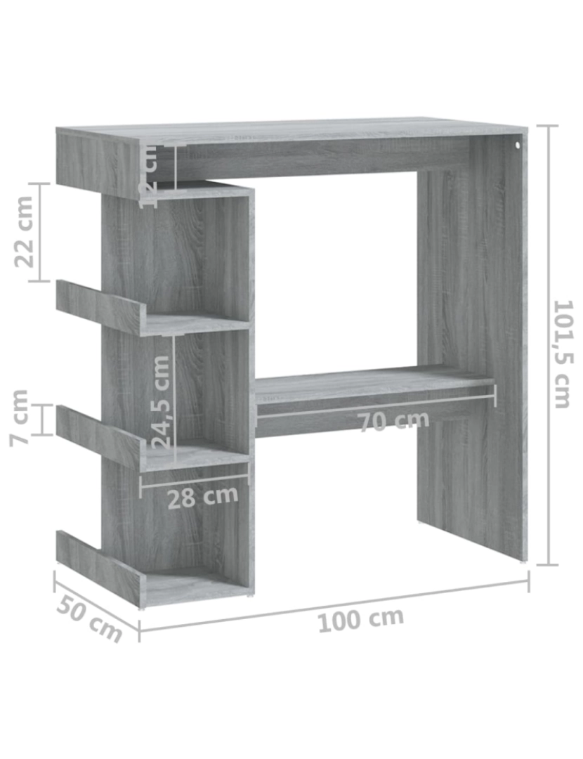 imagem de vidaXL Mesa de bar c/ prateleiras 100x50x101,5cm carvalho sonoma cinza8