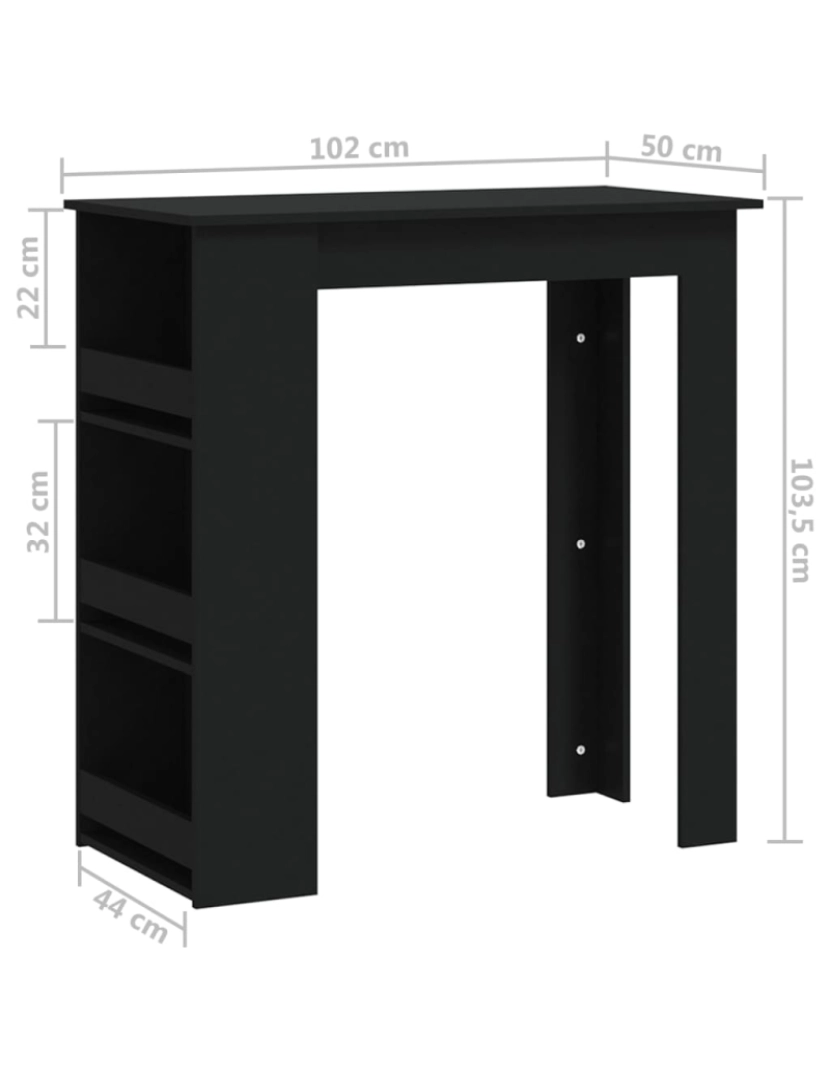 imagem de vidaXL Mesa de bar prateleiras 102x50x103,5cm aglomerado preto8