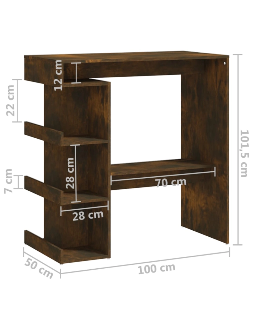 imagem de vidaXL Mesa bar + prateleiras 100x50x101,5cm contrapl. carvalho fumado8