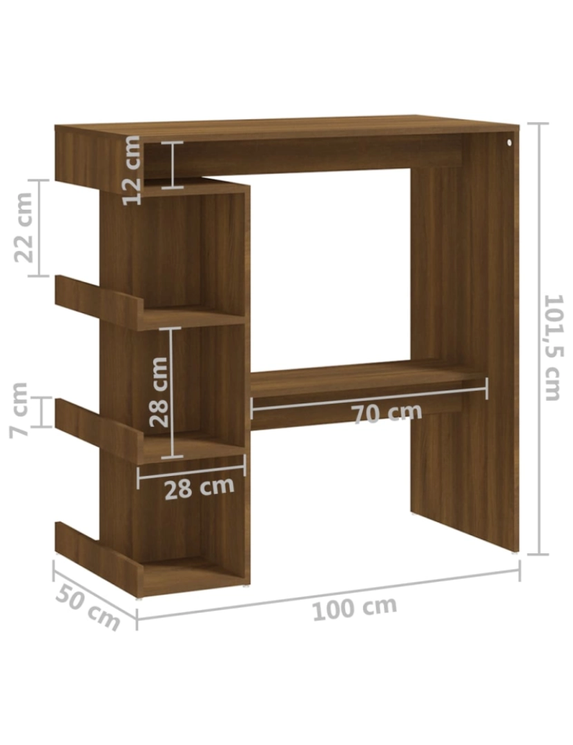 imagem de vidaXL Mesa bar c/ prateleiras 100x50x101,5 cm contraplacado castanho8