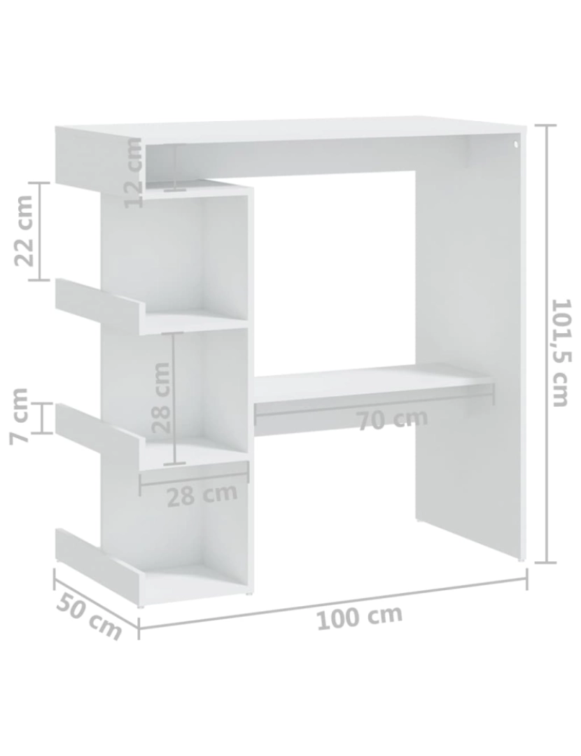 imagem de vidaXL Mesa de bar c/ prateleiras 100x50x101,5 cm contraplacado branco8