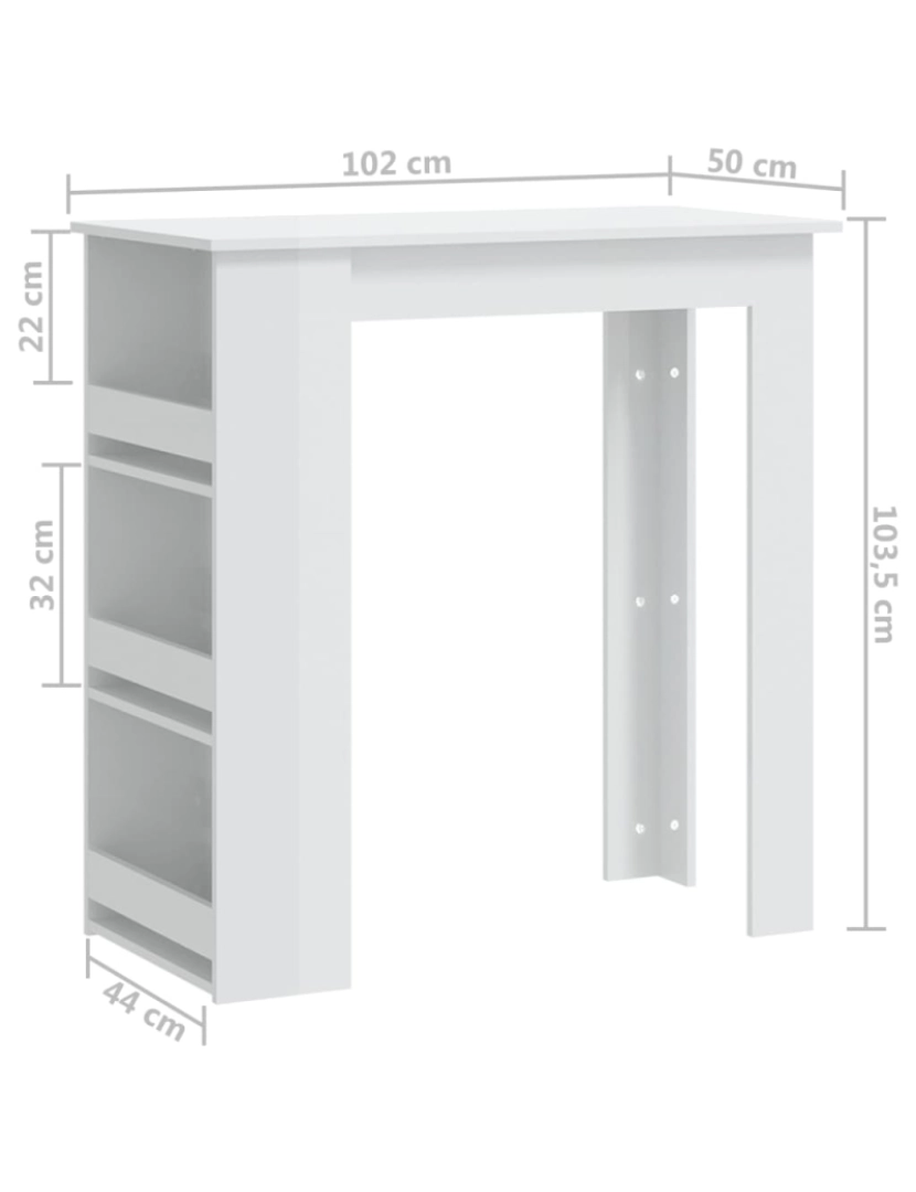 imagem de vidaXL Mesa de bar c/ prateleiras 102x50x103,5 cm branco brilhante8