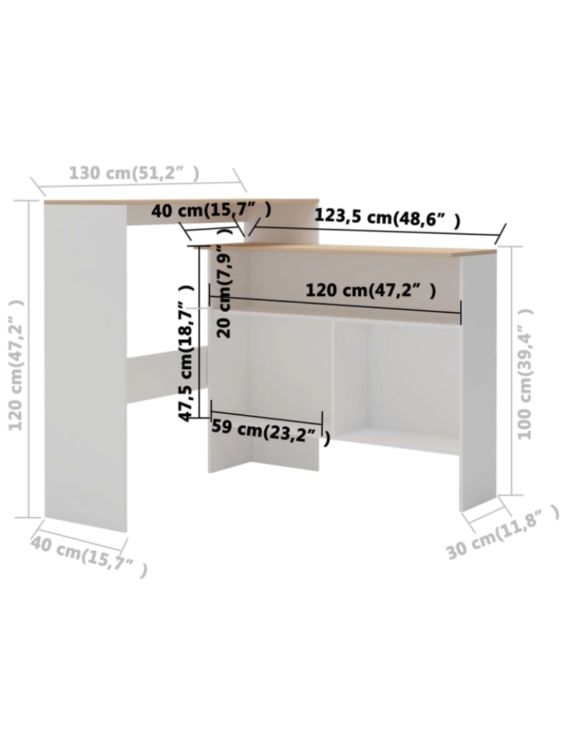 imagem de vidaXL Mesa de bar com 2 tampos 130x40x120 cm branco e carvalho11