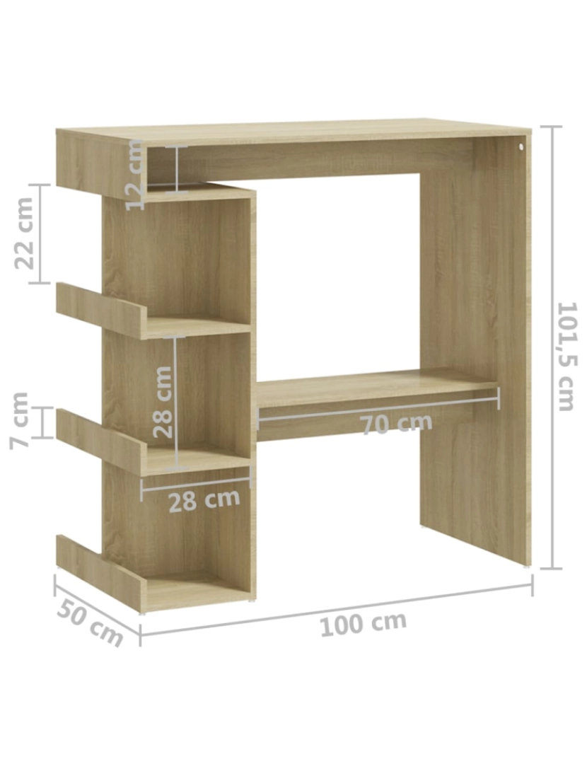 imagem de vidaXL Mesa de bar c/ prateleiras 100x50x101,5 cm contraplacado sonoma8