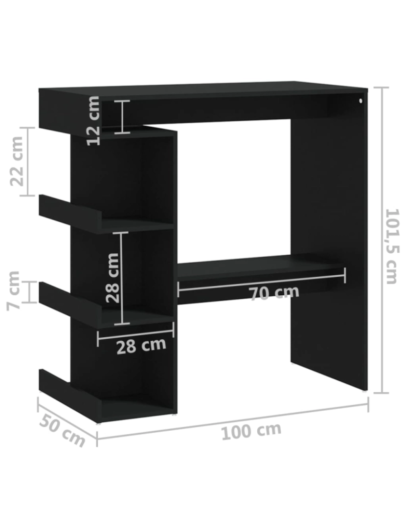 imagem de vidaXL Mesa de bar c/ prateleiras 100x50x101,5 cm contraplacado preto8