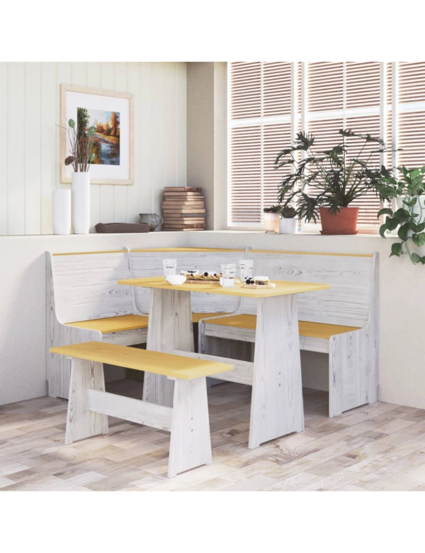 imagem de vidaXL Mesa de jantar com banco pinho maciço castanho mel/branco2