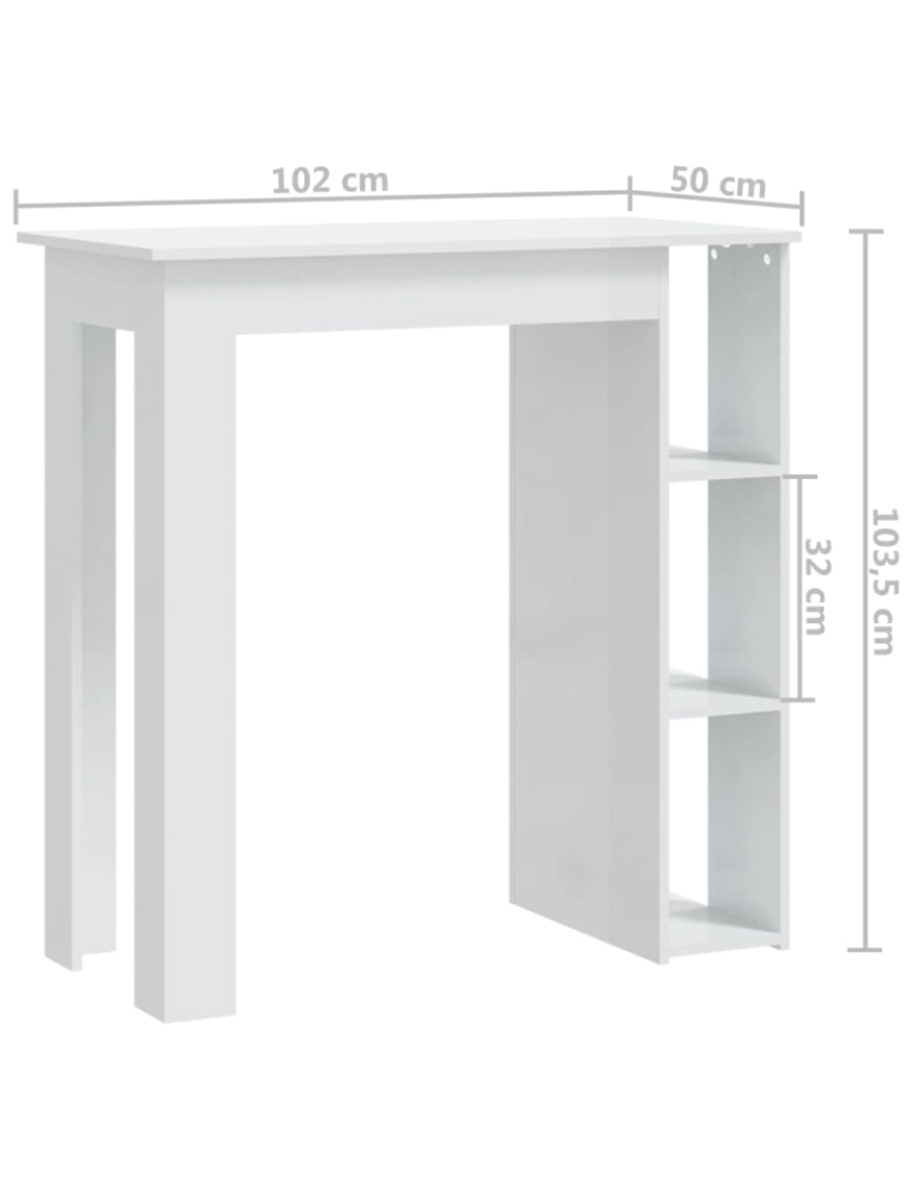 imagem de vidaXL Mesa bar c/ prateleiras contrap. 102x50x103,5cm branco brilhante8