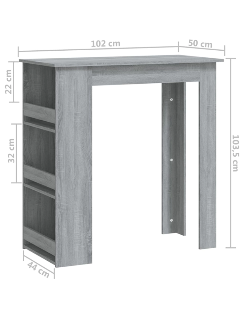 imagem de vidaXL Mesa bar c/ prateleiras 102x50x103,5cm aglomer. sonoma cinzento8