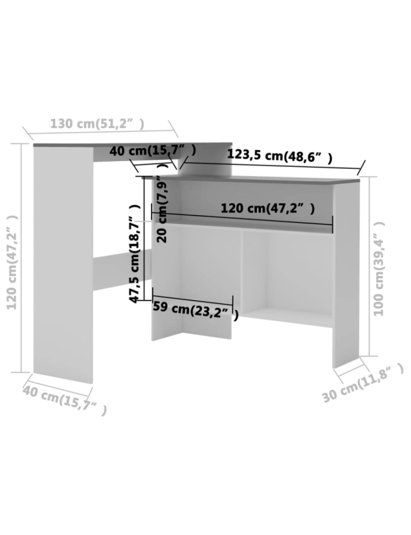 imagem de vidaXL Mesa de bar com 2 tampos 130x40x120 cm branco e cinzento11