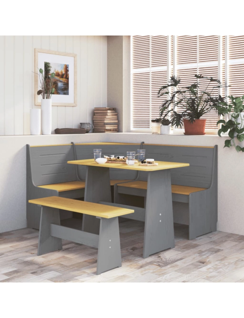 imagem de vidaXL Mesa de jantar com banco pinho maciço castanho mel/cinzento2