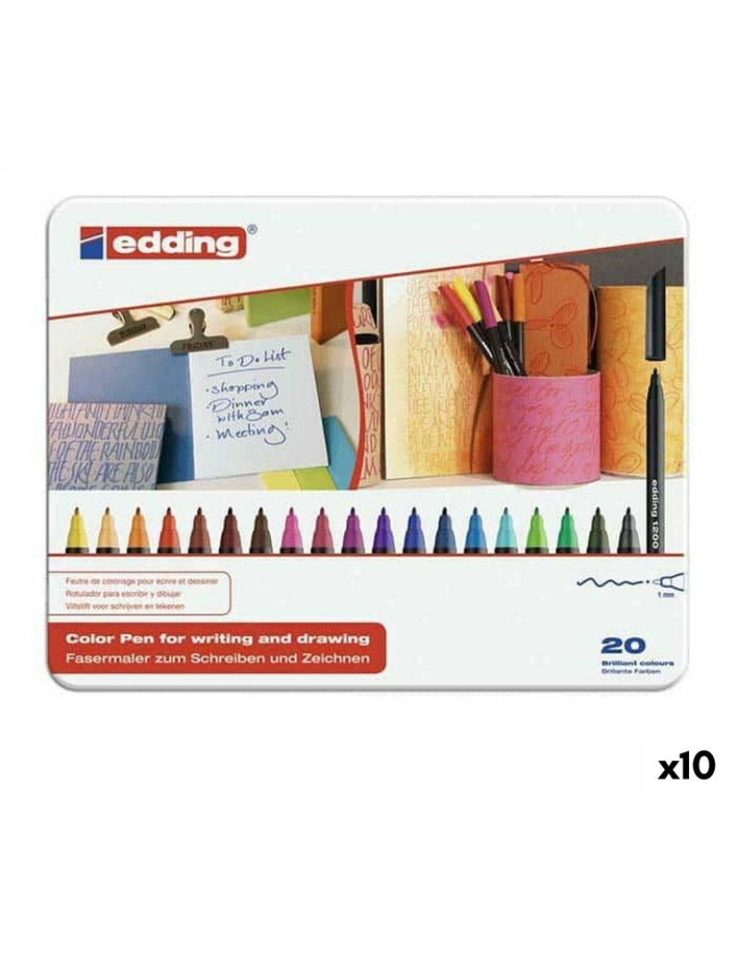 Edding - Conjunto de Canetas de Feltro Edding 1200 Caixa de Metal (10 Peças) (10 Unidades)