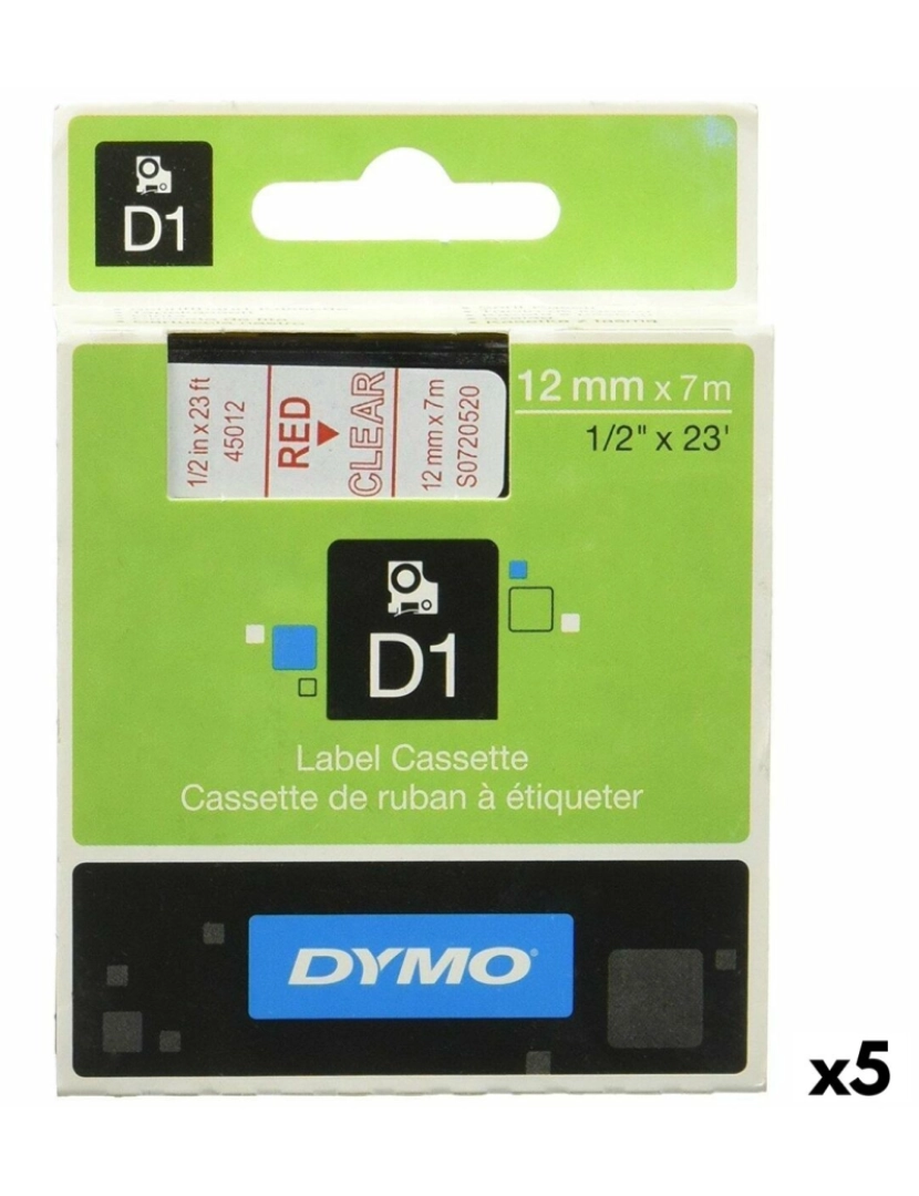 Dymo - Cinta laminada para máquinas rotuladoras Dymo D1 45012 12 mm LabelManager™ Transparente Vermelho Preto (5 Unidades)