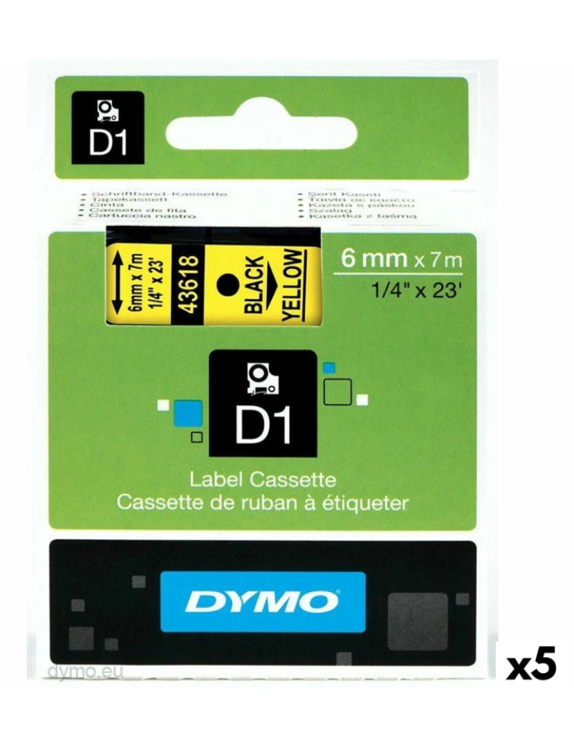 Dymo - Cinta laminada para máquinas rotuladoras Dymo D1 43618 6 mm LabelManager™ Amarelo (5 Unidades)