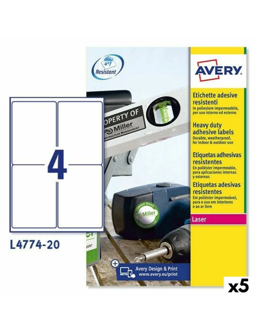 Avery - Etiquetas para Impressora Avery L4774 Branco 20 Folhas 99,1 x 139 mm (5 Unidades)