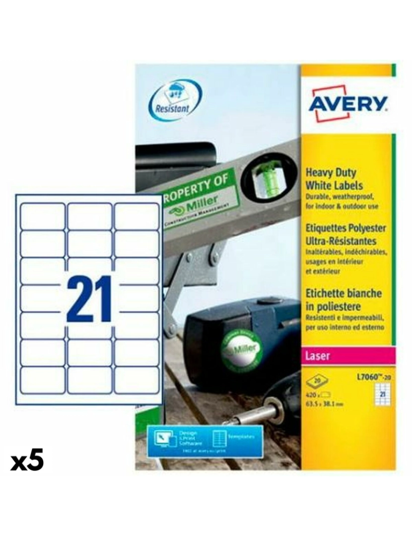 Avery - Etiquetas para Impressora Avery Branco 20 Folhas 63,5 x 38,1 mm (5 Unidades)